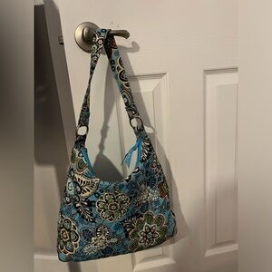 VERA BRADLEY Bali Blue Quilted Blue/Brown Floral Print Hobo Shoulder Bag NWOT